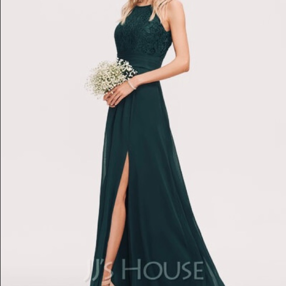 A-Line/Princess Scoop Neck Floor-Length Lace Split